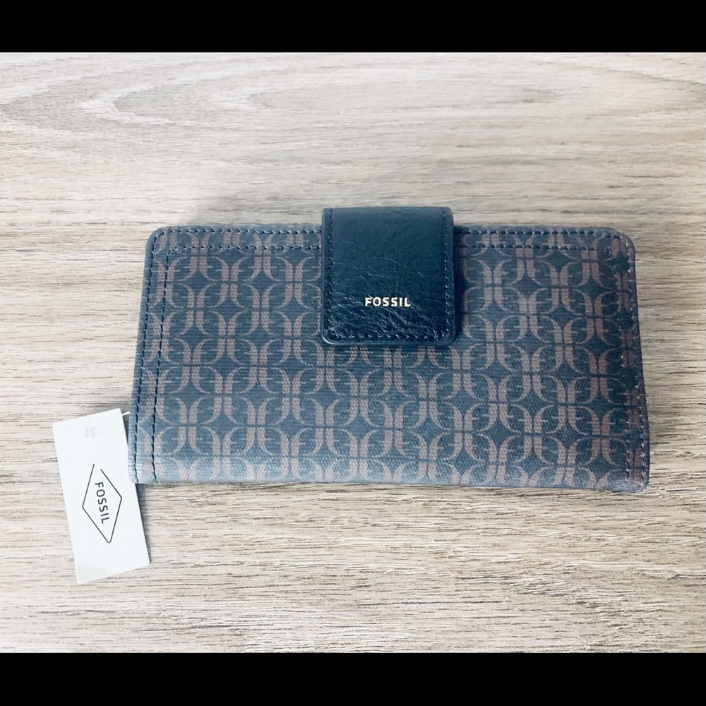 Fossil Womens Madison Clutch Slim Black/Brown Wallet New